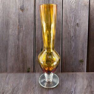 Mid Century Amber Optic Swirl Glass Vase Clear Pedestal Base Vintage Glass Vase